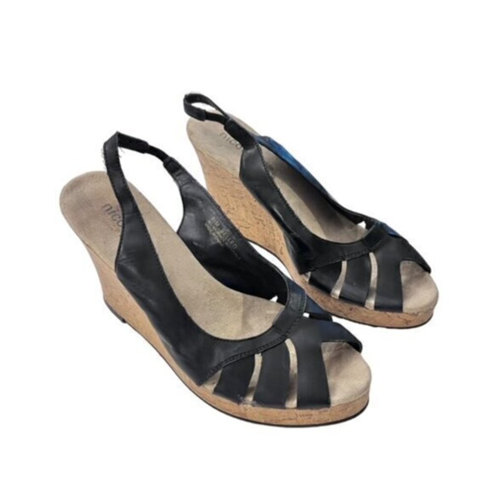 Nicole Women's Wedge Sandals Size 8.5 Black Faux Leather Summer Party 3.75"